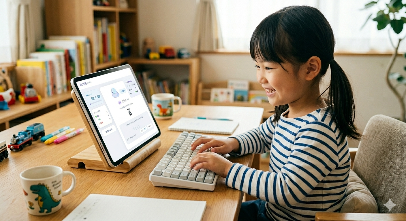 タブレットと外付けキーボードで学習する小学生